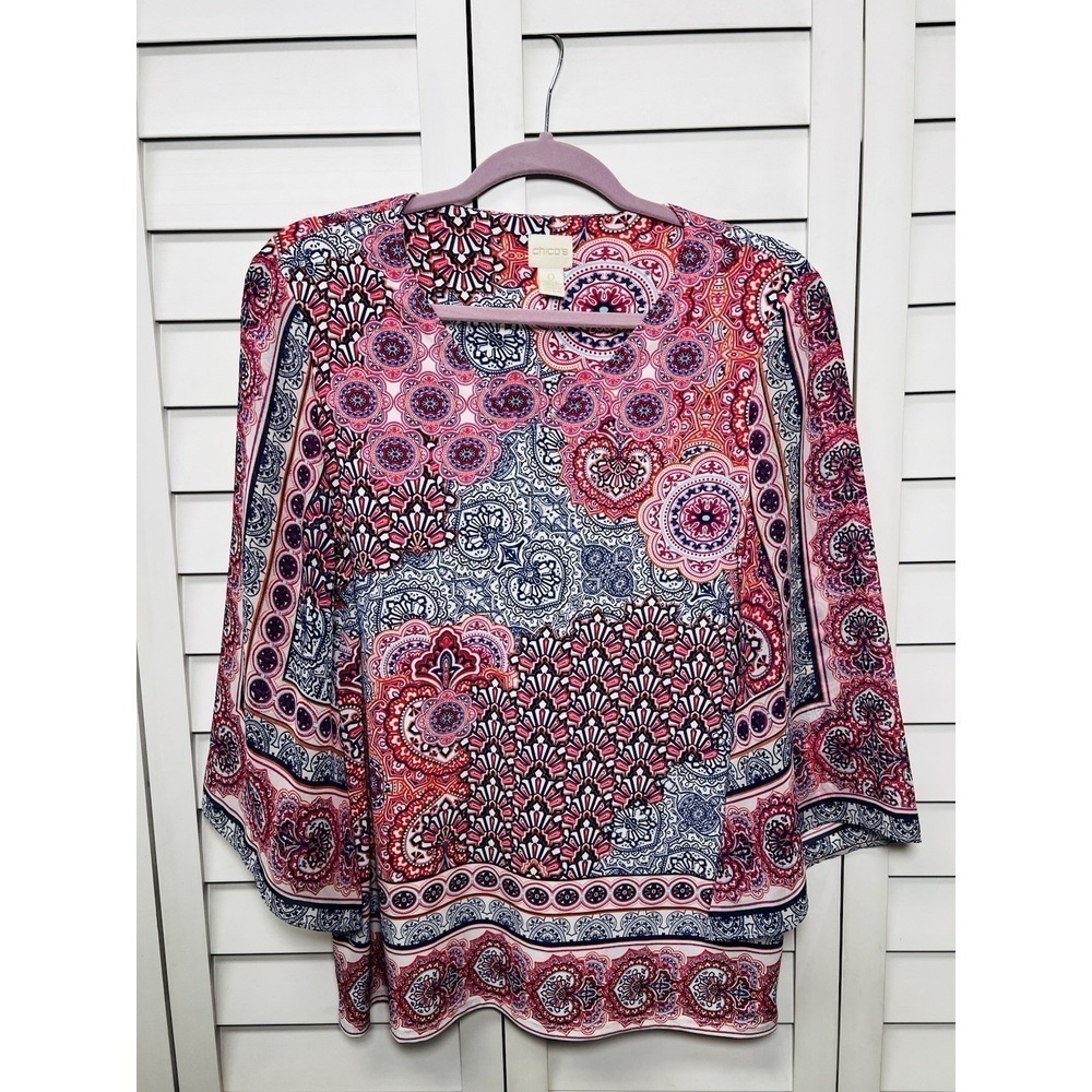 Chico's Boho Paisley Bell Sleeve Pullover Top Women's Size 0 (US Size Small)